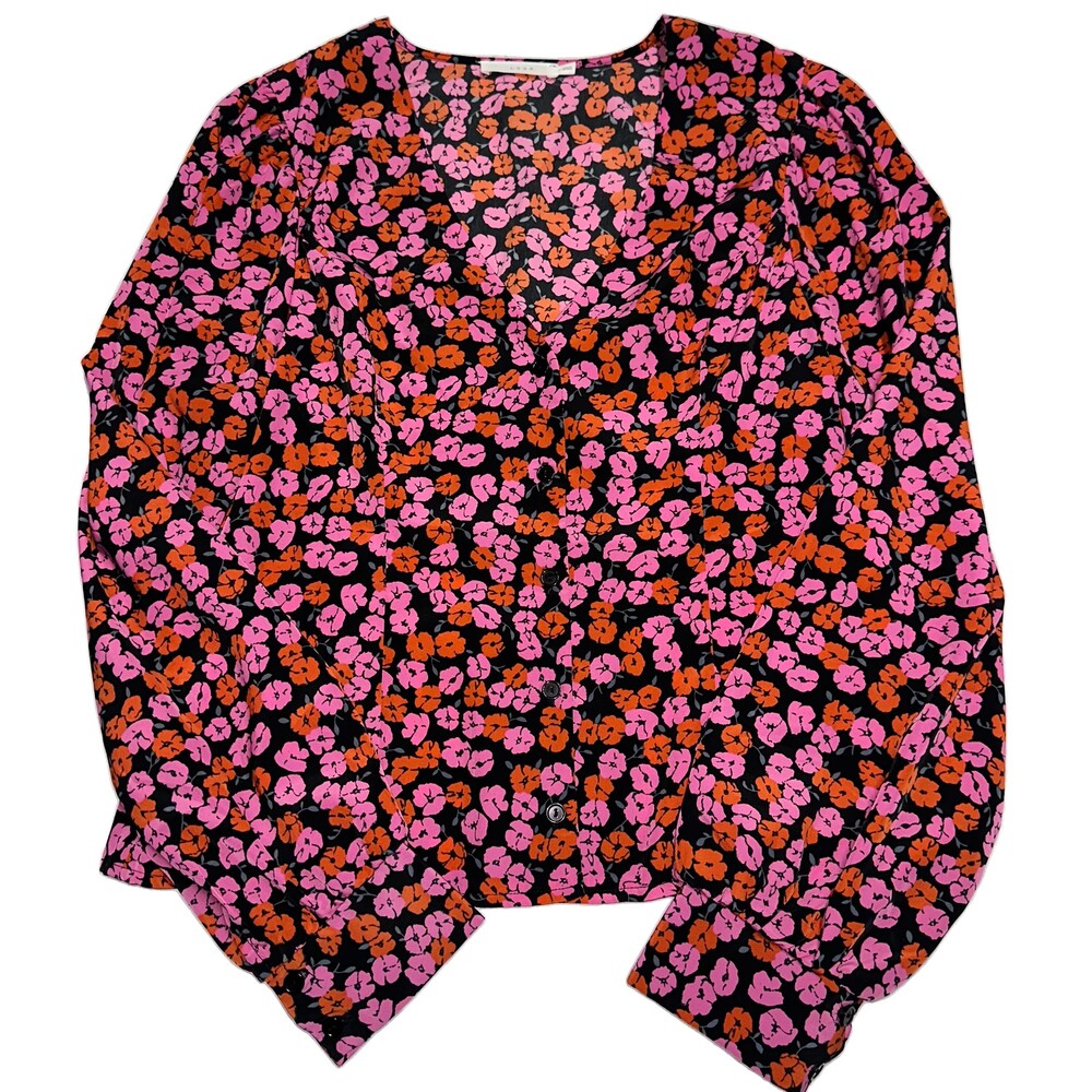 LUSH Floral Button Front Blouse Large Pink Orange Black Bell Sleeve Retro